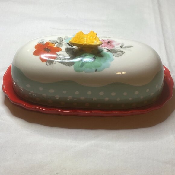 Pioneer Woman Floral Butterfly Butter Dish Red Base Retired OS - Picture 4 of 12